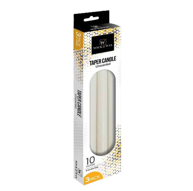 Taper Candle 3ct White 10" | Box of 24