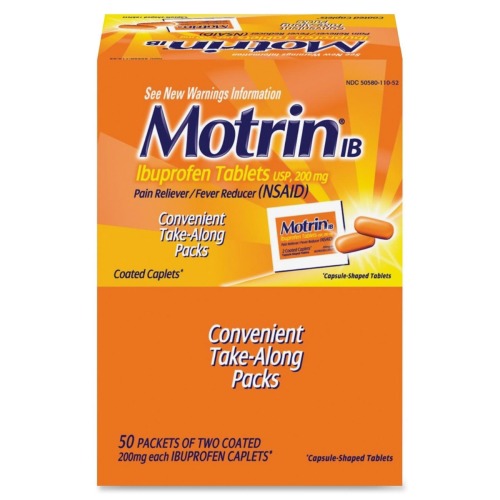 Motrin IB Ibuprofen Pain Relief Caplets Industrial Packets 50x2
